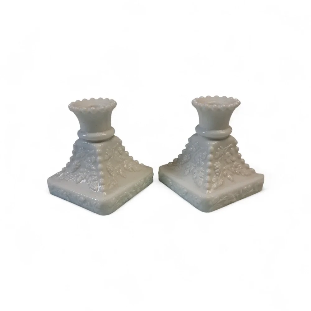 Milk Glass Candle Holders Grapevine Hobnail Square